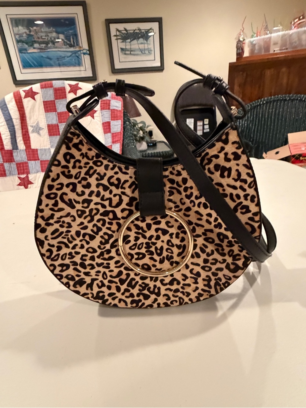 Antik Kraft Leopard Crescent Shoulder Bag with Gold Ring